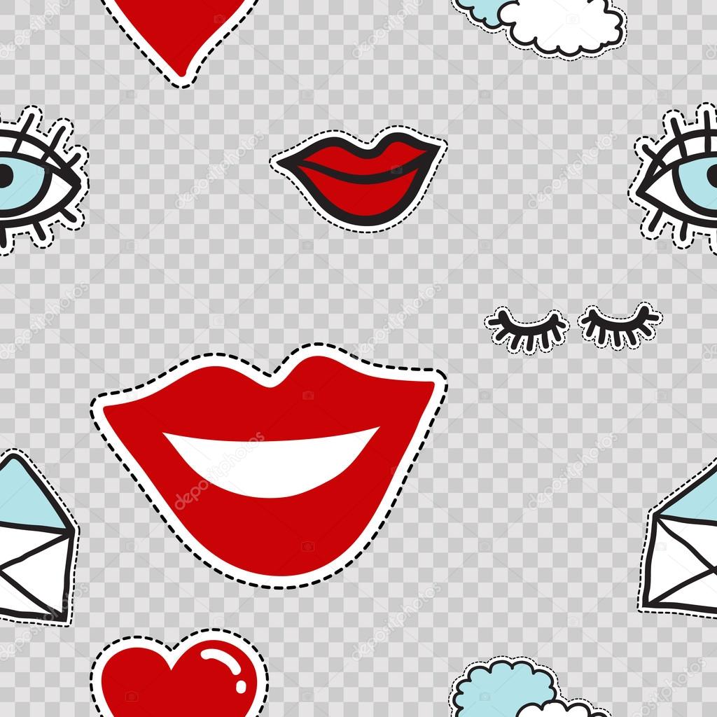 Vector seamless pattern with lowered lashes, blue eye, two clouds, open mail envelope, love mail, red heart, smile lips, red lips. Modern doodle pop art background formed badges, stickers or pins.
