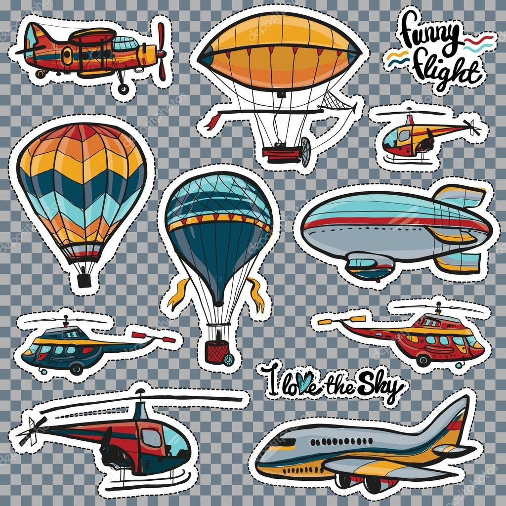 Set of kids style sky transport patches.