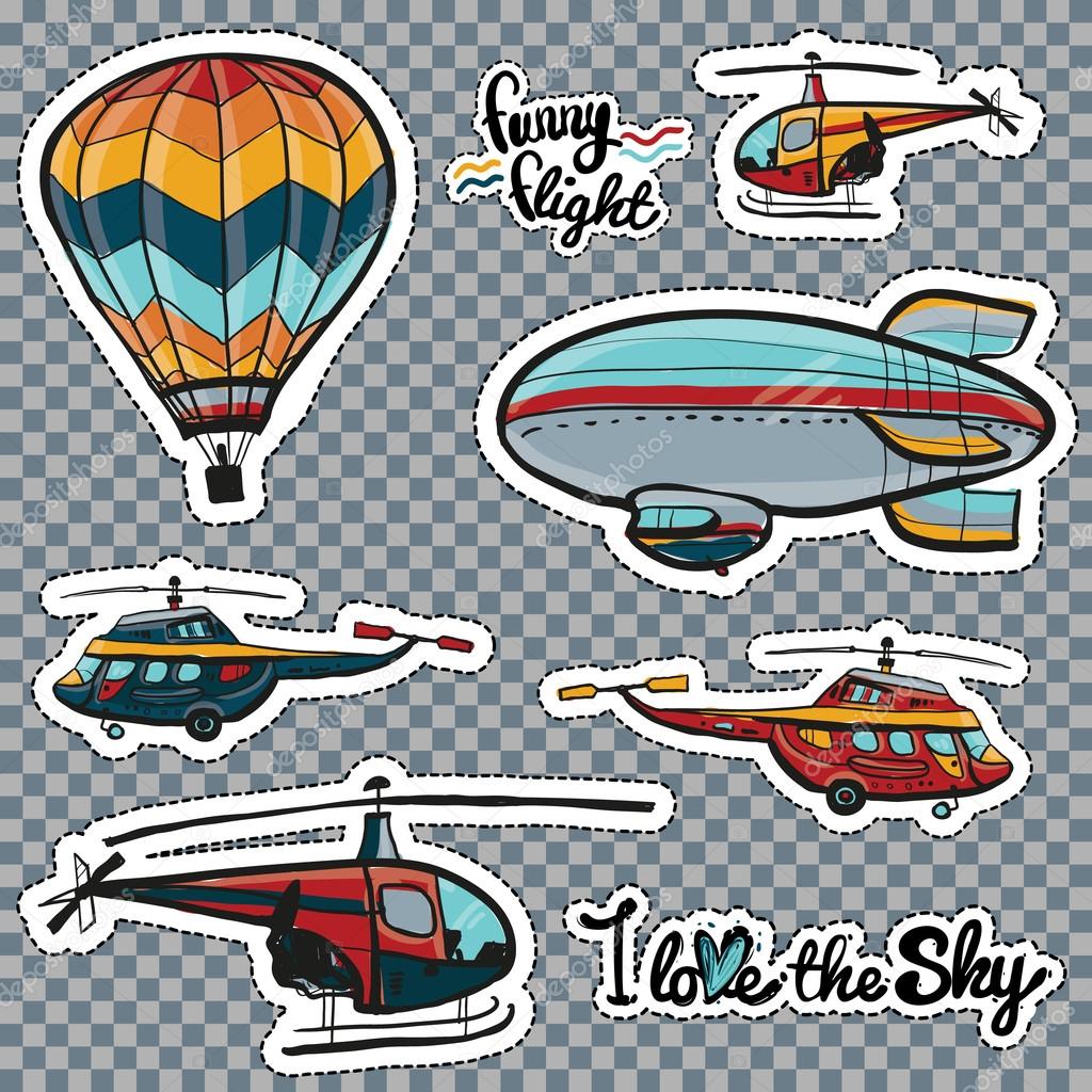 Set of kids style sky transport patches.