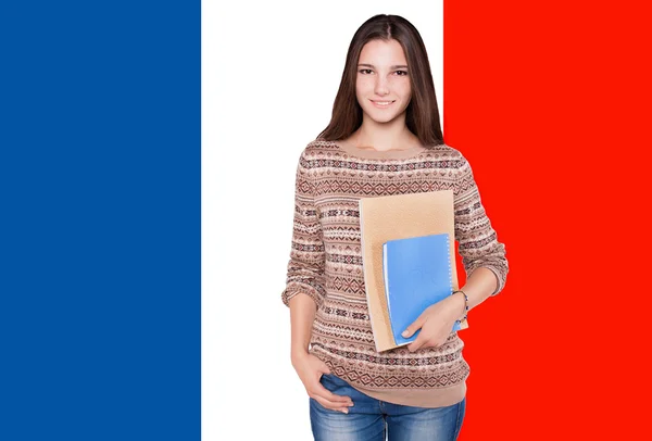 Fransız ulusal bayrak zemin üzerine genç kız öğrenci