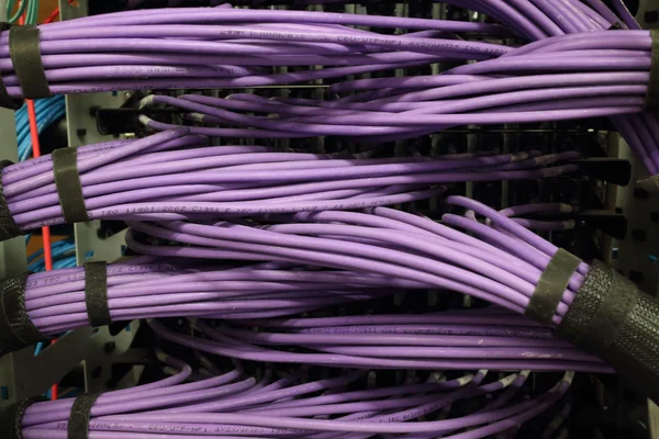 A parte de trás de um gabinete de patch de rede completo com cabos de rede bem amarrados — Fotografia de Stock