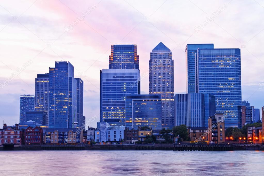 London Docklands financial district cityscape on a colorful evening