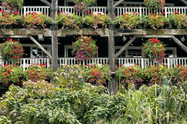 Цветущие висячие корзины на старой деревянной деревенской конструкции — стоковое фото