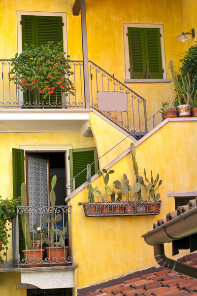 Facade of pastel colored house with washed out walls, green window shutters, terracotta pots on balconies with metal railings, outside staircase, red flowering plants and cactus, on a summer day.