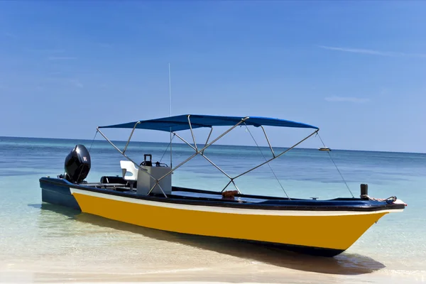 Imbarcazione a motore di lusso gialla ancorata su una spiaggia sabbiosa per immersioni e snorkeling — Foto Stock