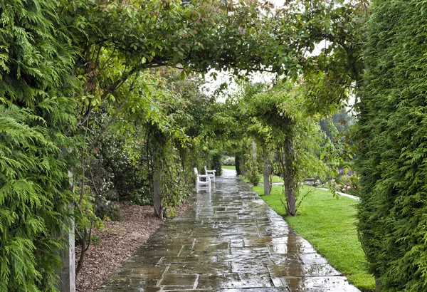 Wet stone pathway under rose arch in a cottage garden, with white chairs, on a rainy summer day — Stockfoto