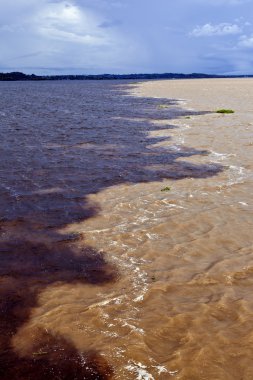 Toplantı suların kumlu renkli Rio Solimoes ve Amazon Manaus yakınındaki neredeyse siyah Rio Negro