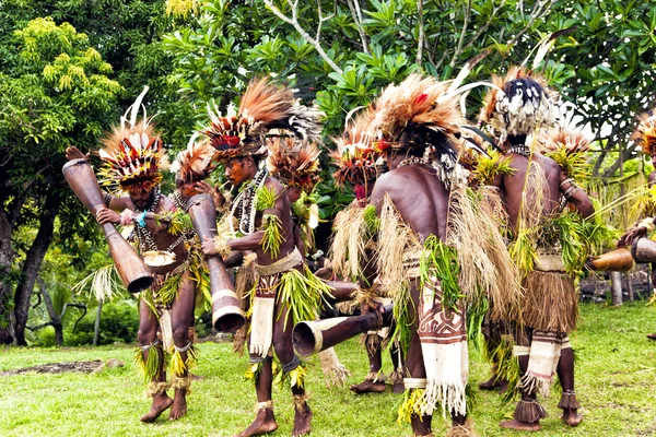 Giovani guerrieri tribali papuani vestiti con gonne d'erba tradizionali — Foto Stock