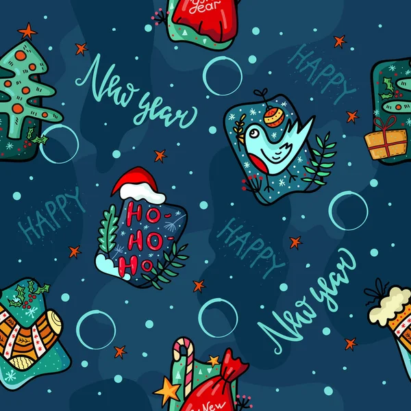 新年的模式 圣诞快乐和新年快乐贴纸装饰现代风格的矢量明信片模板 — 图库矢量图片