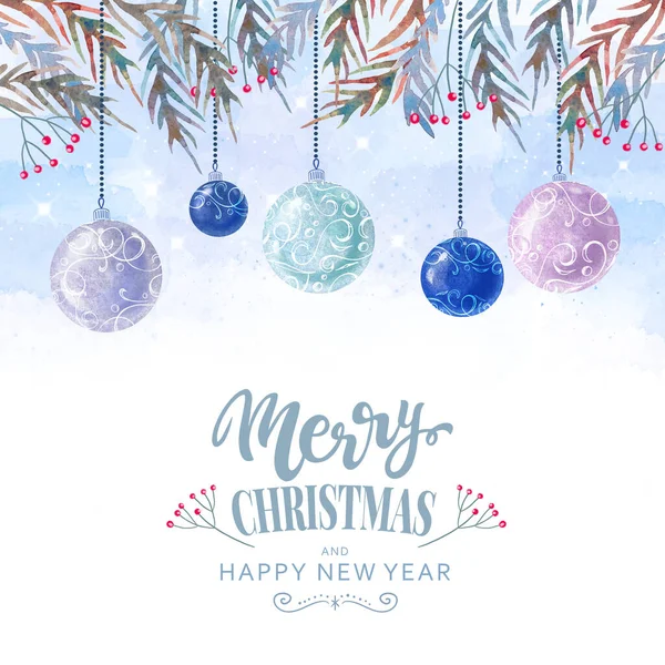 Illustration aquarelle des décorations du Nouvel An. Nouvel An et boules de Noël sur les branches. — Photo