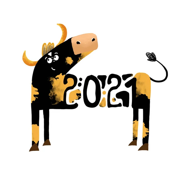 Смешной Милый Бык Символ Нового Года 2021 Год Печати Футболках — стоковое фото
