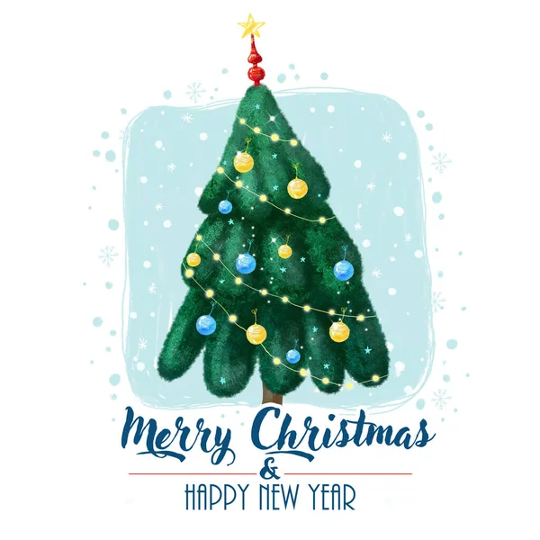 Elegant Christmas tree with decorations and gerland on a blue background. For printing on postcards, fabrics, bags, etc — 图库照片