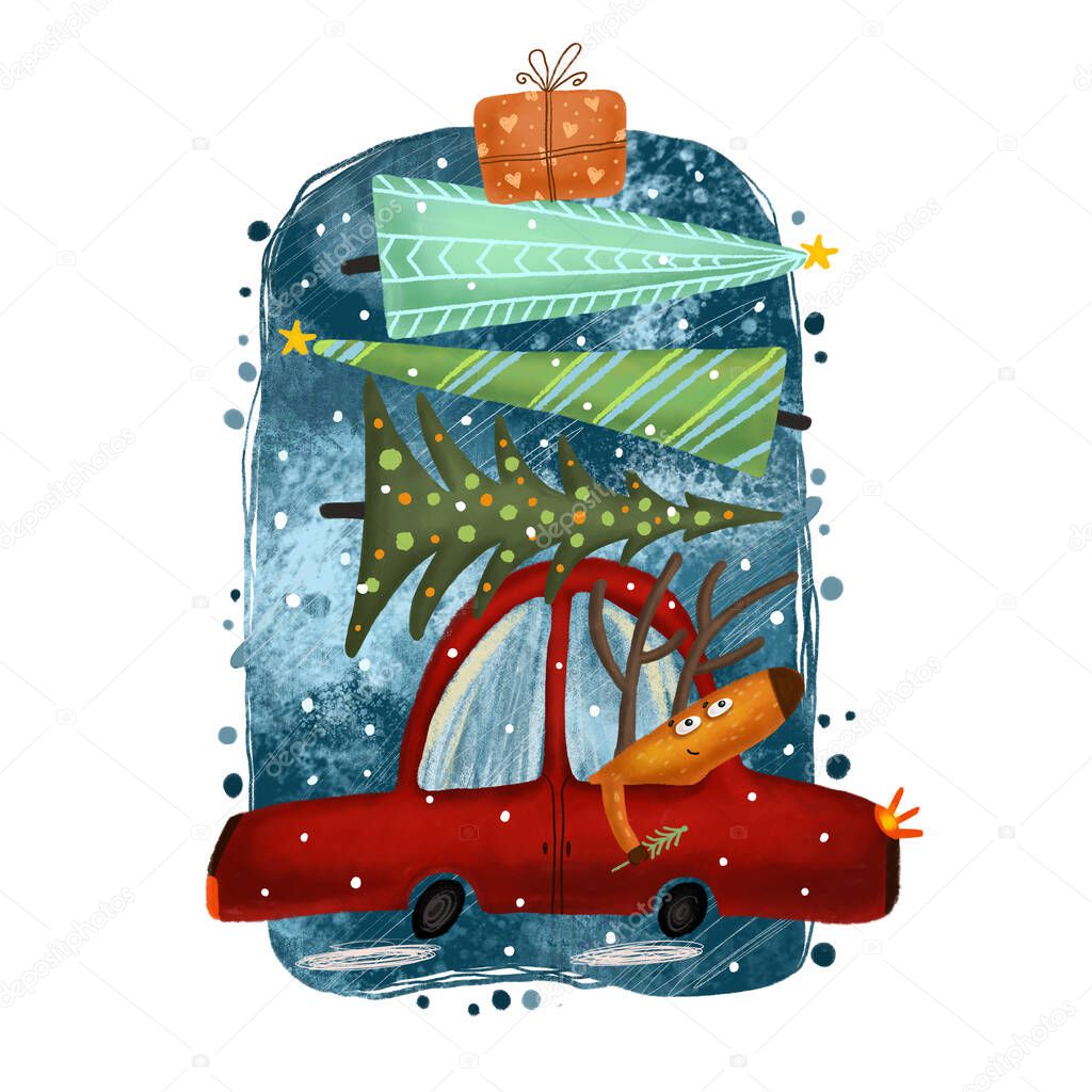 Christmas deer in the car with Christmas trees. For printing on postcards, posters, clothes