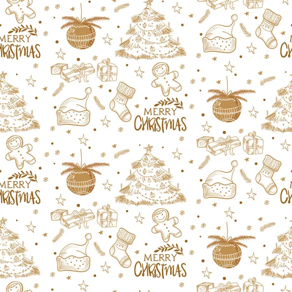 Modello senza soluzione di continuità con gli elementi di Capodanno. Albero di Natale, regali, palla di Natale, biscotti di pan di zenzero e cappello di Babbo Natale. — Vettoriale Stock