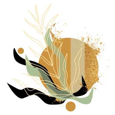 Beyaz arka planda altın ve çizgilerle soyut çiçek deseni. Hediyelik eşya, kumaş ve tişört bastırmak için.