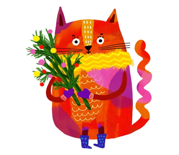 Cute orange cat with a Christmas tree and Christmas lights. Illustration for children.
