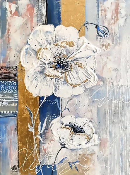 Malebné květiny s akryláty. Květiny na modrém pozadí. Obrázek — Stock fotografie