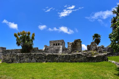 Mayan 'ın Tulum bölgesindeki antik duvarlar ve kalıntılar güzel mavi bir gökyüzüne sahipler.