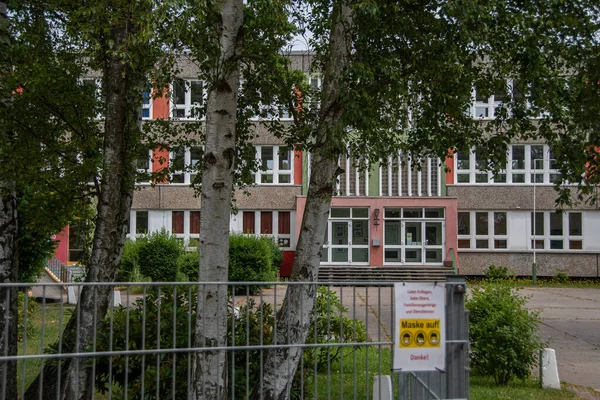 Prerow Germany June 2021 School Building Sign Entrance Mask Compulsory — Stock Photo, Image
