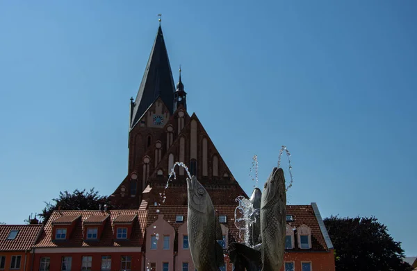 Historischer Barth Brunnen Mit Marienkirche Hintergrund — Stockfoto