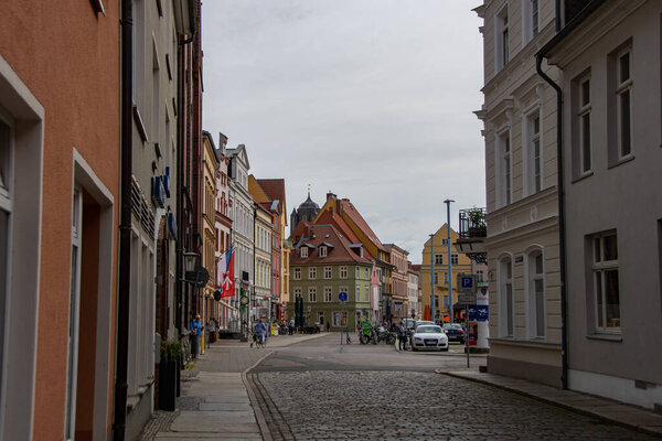 Stralsund, Germany 24 June 2021, Beautiful old houses in the historic city of Stralsund