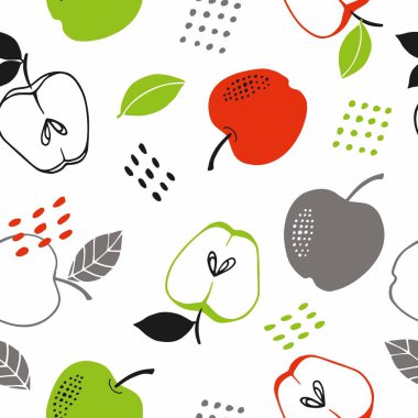 Beyaz arka planda kusursuz vektör deseni. Elle çizilmiş elma, elma dilimi, yapraklar. Meyveli çörek. Kağıt, tekstil, hediye paketi, iç dekorasyon, menü için. Çizgi film dekoru