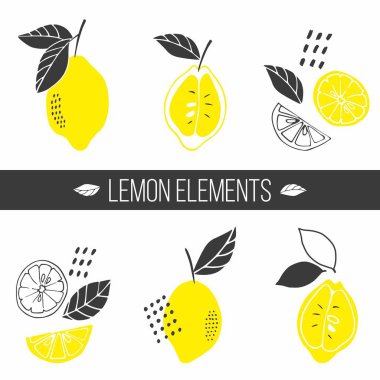 Meyve vektörü ayarlandı. Limon, limon dilimleri, yapraklar. Meyveli çörek. Kağıt, tekstil, hediye paketi, iç dekorasyon, menü için. Çizgi film tasarımı