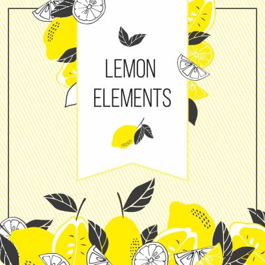 Limon seti, limon dilimleri, çizgili arka planda yapraklar. Mesajın için yer aç. Kartpostallar, davetiyeler, afişler, çıkartmalar için kullanılabilir. Çizgi film tasarımı