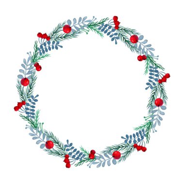 Dallardan, yapraklardan ve böğürtlenlerden oluşan bir Noel çelengi, suluboya ile boyanmış. Posterler, çıkartmalar, kartlar, davetiyeler, ambalaj kağıtları, tekstil, iç dekorasyon.