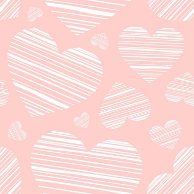 Pembe arka planda beyaz kalplerin kusursuz vektör deseni. Duvar kağıdı, ambalaj kağıdı, tekstil, kartpostallar, web sayfası arkaplan, iç dekorasyon, menüler için. Çizgi film tasarımı.