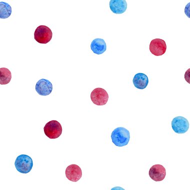 Beyaz zemin üzerinde suluboya mavi ve kırmızı daireler olan kusursuz bir desen. Duvar kağıdı, ambalaj kağıdı, tekstil, kartpostallar, web sayfası arka planı.