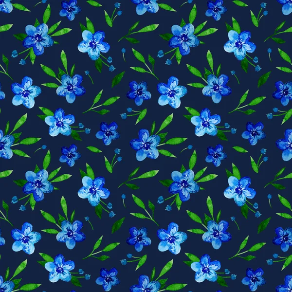 Seamless Floral Pattern Watercolor Blue Wild Flowers Leaves Dark Background — Stock Photo, Image