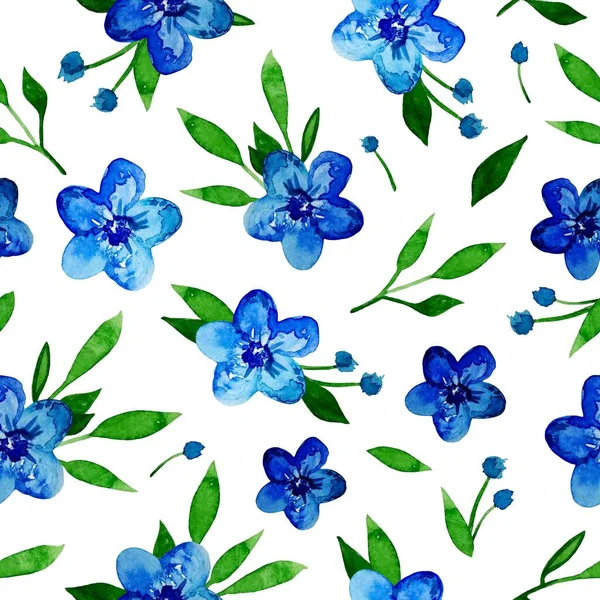 Απρόσκοπτη Floral Μοτίβο Ακουαρέλα Μπλε Αγριολούλουδα Και Φύλλα Λευκό Φόντο — Φωτογραφία Αρχείου
