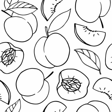 Beyaz arka planda şeftali desenli kusursuz vektör deseni. Meyveli çörek. Duvar kağıdı, ambalaj kağıdı, tekstil, kartpostallar, web sayfası arka planı, iç dekorasyon, menü için. Çizgi film tasarımı