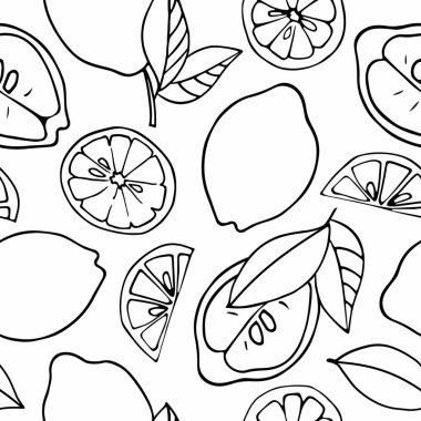 Beyaz arka planda limonlu kusursuz vektör deseni. Meyveli çörek. Duvar kağıdı, ambalaj kağıdı, tekstil, kartpostallar, web sayfası arka planı, iç dekorasyon, menü için. Çizgi film tasarımı.