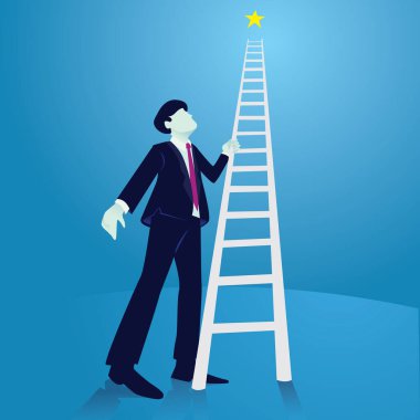 Bussinesman trying to climb high ladder to the sky and reach star, low angle view, vector illustration