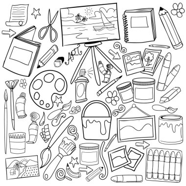 Sanat malzemeleri karalaması. Basit siyah beyaz taslak çizimde vektör illüstrasyonuName