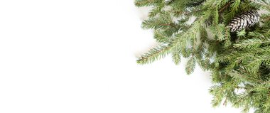 Beyaz arka planda süslenmiş Noel ağacı. Altın oyuncak top ve kahverengi kozalak. Mutlu yıllar 2021. Noel havası. Atmosfer