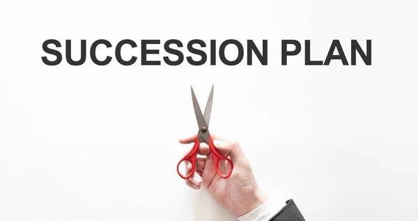 Мидсекция Бизнесмена Вырезает Слово Succession Plan Бумаге Ножницами Сером Фоне — стоковое фото