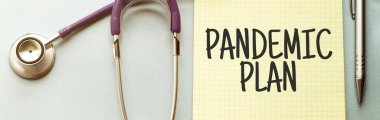 Mor arkaplanda sarı listeli bir steteskop ve metin PANDEMIC Planı