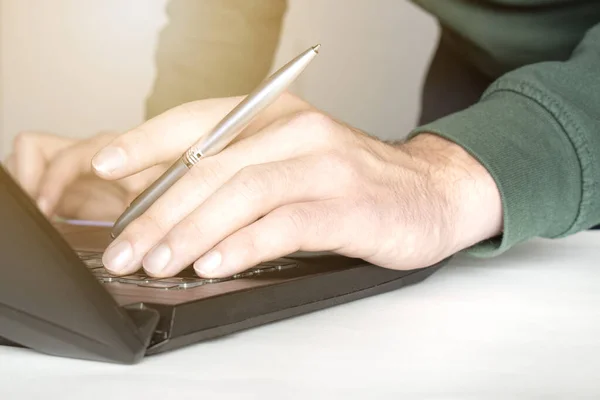 Home Office Online Working Learning Concept Businessman Tastarea Computer Laptop — Fotografie, imagine de stoc