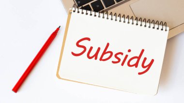 Laptop, kırmızı kalem ve beyaz arkaplanda SUBSIDY yazılı not defteri
