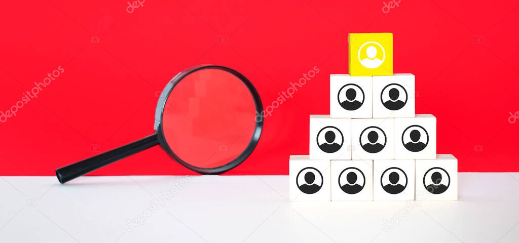 Human resource and talent management and recruitment business concept, Hand putting wood cube block on top staircase and magnifying glass, Copy space