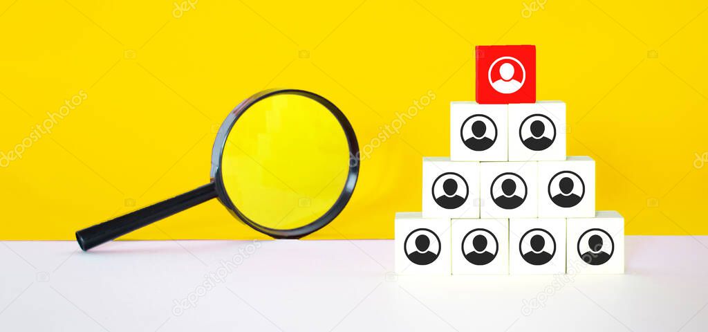 Human resource and talent management and recruitment business concept, Hand putting wood cube block on top staircase and magnifying glass, Copy space
