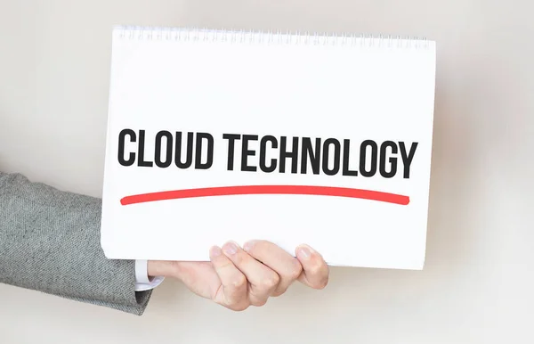 businessman holding a card with text CLOUD TECHNOLOGY