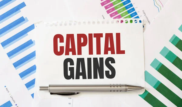 Card with text capital gains. Diagram and white background