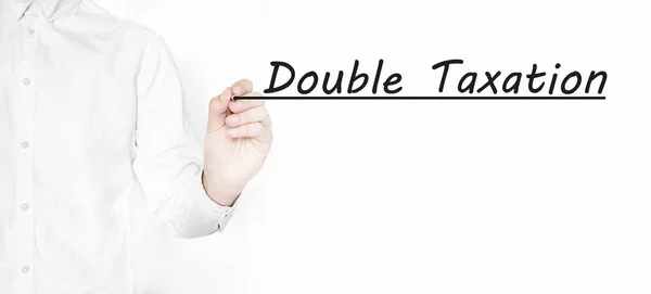 Podnikatel Píše Double Taxation Černou Značkou Průhledné Stěrky — Stock fotografie