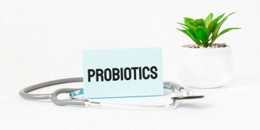 Not defteri, steteskop ve yeşil bitki üzerine PROBIOTICS kelimesi