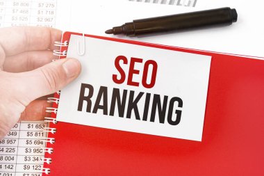 İş adamı elinde kırmızı defter ve üzerinde Seo Sıralama yazan beyaz kart tutuyor. Mali konsept