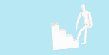 Tahta adam başarı ya da kariyer basamaklarını tırmanır. Kariyer kavramı yükseliyor, hayatta başarı, kişisel gelişim ve ilerleme. Mavi arkaplan